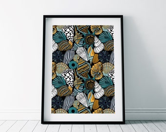 Turquoise Shells Print/ Shell pattern illustration/ Beach print/ Seaside decor/ Teal and Mustard