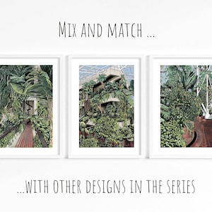 May include: Three framed prints of a lush, green indoor garden with a brick pathway. The text "MIX AND MATCH... WITH OTHER DESIGNS IN THE SERIES" is below the prints.