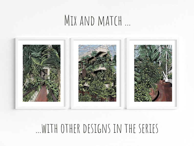 May include: Three framed prints of a lush, green indoor garden with a brick pathway. The text "MIX AND MATCH... WITH OTHER DESIGNS IN THE SERIES" is below the prints.