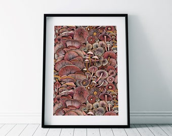 Pink Mushrooms Print/ Autumn Fungi Print/ Fall Wall Art/ Autumn Decor/ Autumn forest print