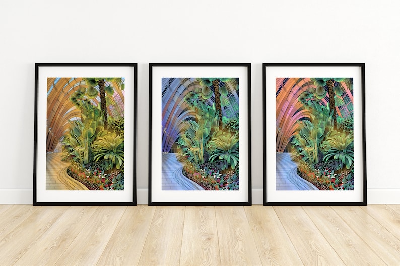 May include: Three framed prints of a tropical garden with a winding path. The prints are in different color palettes: yellow, blue, and pink.