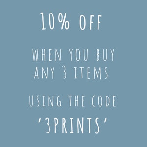 May include: Text on a blue background that reads: "10% OFF WHEN YOU BUY ANY 3 ITEMS USING THE CODE '3PRINTS'"