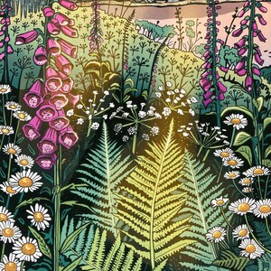 Coastal Wildflowers Print/ Cornwall Coastline Illustration/ Summer Seaside Evening/ Fern and foxglove print image 3