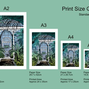 May include: A print size guide for artwork featuring a green and blue illustration of a greenhouse with a white frame. The guide shows the different sizes available, including A2, A3, A4, and A5. The paper sizes and printed areas are listed in centimeters.