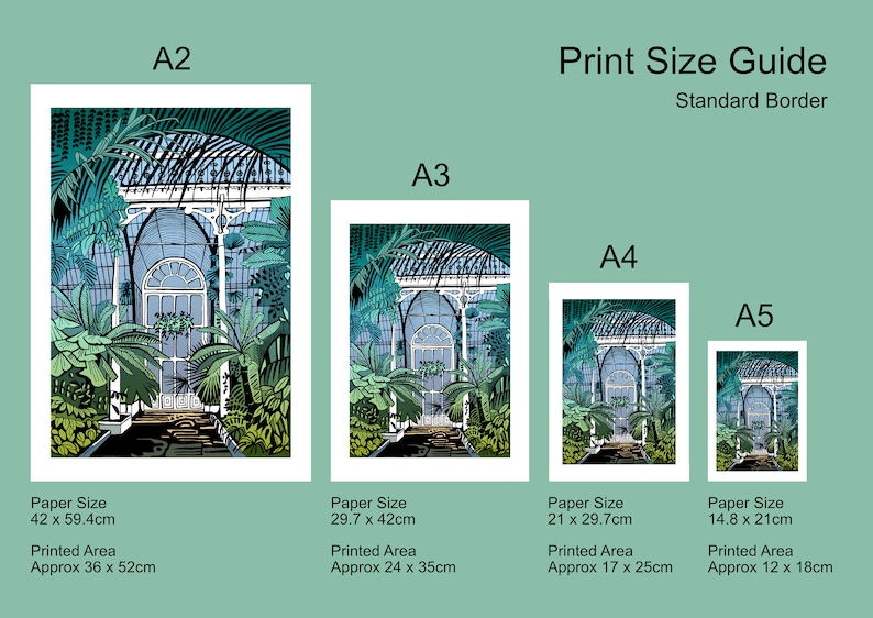 May include: A print size guide for artwork featuring a green and blue illustration of a greenhouse with a white frame. The guide shows the different sizes available, including A2, A3, A4, and A5. The paper sizes and printed areas are listed in centimeters.