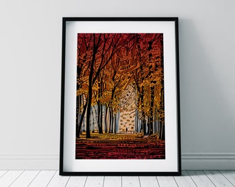 Autumn Forest Print/ Autumnal leaves Illustration/ Autumn woodland landscape/ Autumn wall decor/ Autumn Art Print gift