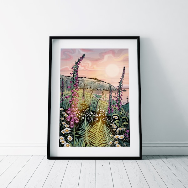 Coastal Wildflowers Print/ Cornwall Coastline Illustration/ Summer Seaside Evening/ Fern and foxglove print