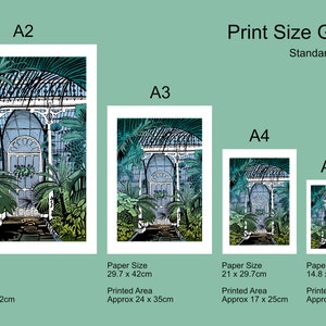 May include: A print size guide for artwork featuring a green and blue illustration of a greenhouse with a white frame. The guide shows the different sizes available, including A2, A3, A4, and A5. The paper sizes and printed areas are listed in centimetres.