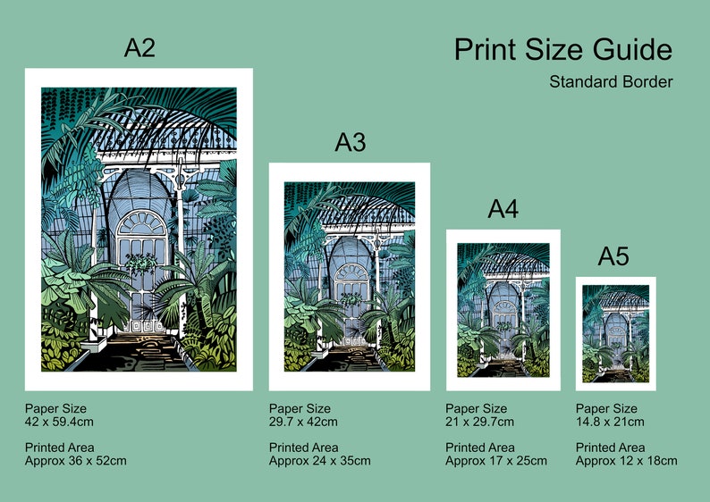 May include: A print size guide for artwork featuring a green and blue illustration of a greenhouse with a white frame. The guide shows the different sizes available, including A2, A3, A4, and A5. The paper sizes and printed areas are listed in centimetres.