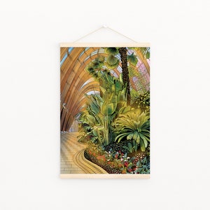 May include: A painting of a lush, tropical garden inside a large, wooden-framed greenhouse. The garden features palm trees, ferns, and other tropical plants. The path is made of stone and leads to the back of the greenhouse.