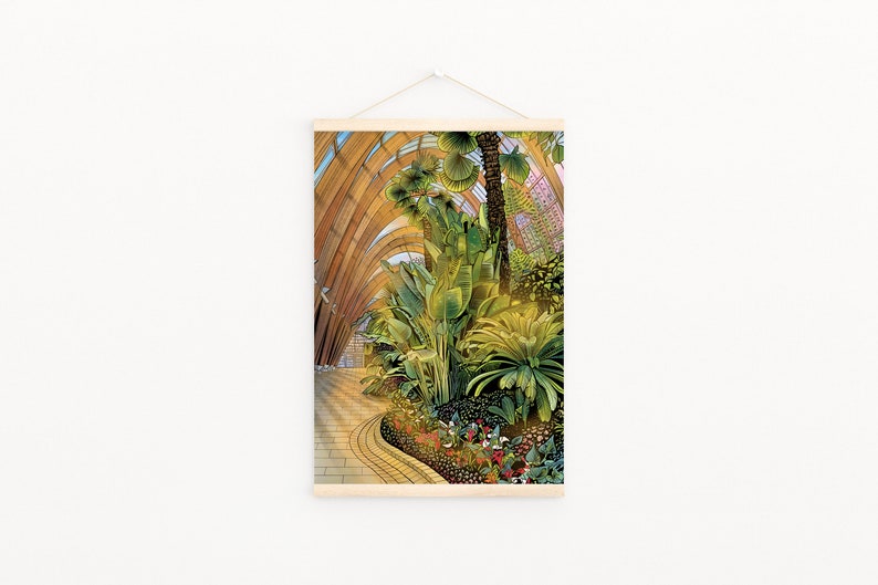 May include: A painting of a lush, tropical garden inside a large, wooden-framed greenhouse. The garden features palm trees, ferns, and other tropical plants. The path is made of stone and leads to the back of the greenhouse.