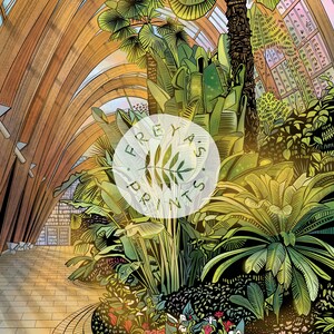 May include: A digital illustration of a lush indoor garden with a large, leafy plant in the foreground. The background features a wooden structure with a white circle containing the text "FREYAS PRINTS".