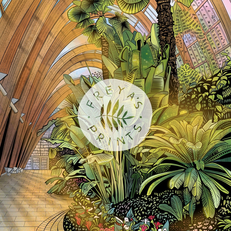 May include: A digital illustration of a lush indoor garden with a large, leafy plant in the foreground. The background features a wooden structure with a white circle containing the text "FREYAS PRINTS".