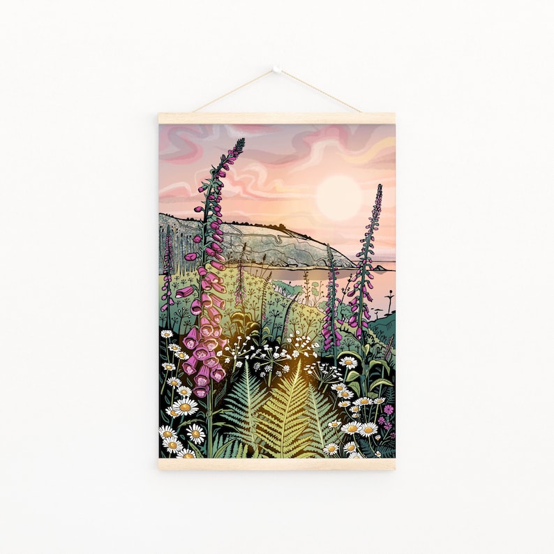 Coastal Wildflowers Print/ Cornwall Coastline Illustration/ Summer Seaside Evening/ Fern and foxglove print image 2