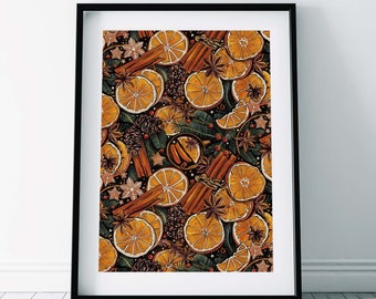 Mulled Wine Pattern Print/ Festive Spices Print/ Orange and Cinnamon/ Winter Decor