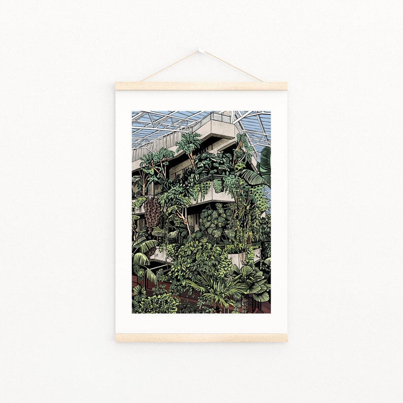 May include: A black and white illustration of a building with a glass roof and many plants growing inside. The plants are drawn in detail and create a lush, tropical feel.