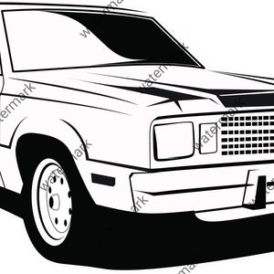 May include: A monochrome illustration of a classic coupe car. The car has a two-door design, rectangular headlights, and a front grille. A black stripe runs down the bonnet. The car casts a shadow.