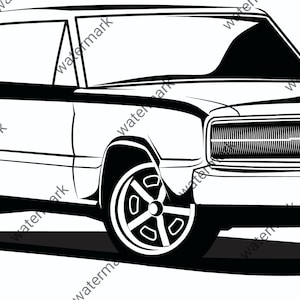 Puede incluir: Ilustración en blanco y negro de línea de un coche americano clásico de músculo. El coche tiene un capó largo, una parrilla grande y una parte trasera distintiva.