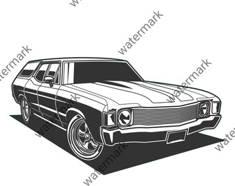 Può includere: Illustrazione in bianco e nero di una station wagon d'epoca. L'auto ha una carrozzeria lunga e rettangolare con un parabrezza grande e una griglia cromata. L'auto è disegnata in uno stile classico, con linee e dettagli semplici.