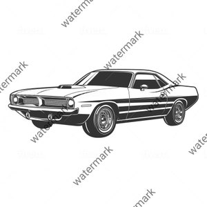 Könnte beinhalten: Eine Schwarzweißillustration eines klassischen Muscle Cars. Das Auto hat eine lange Motorhaube, einen breiten Kühlergrill und eine schlanke Karosserie.