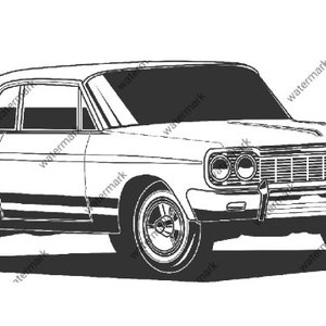 May include: Black and white line drawing of a classic American car. The car has a long hood, a large grille, and a rounded body style. The car is a coupe with two doors and a rear window.