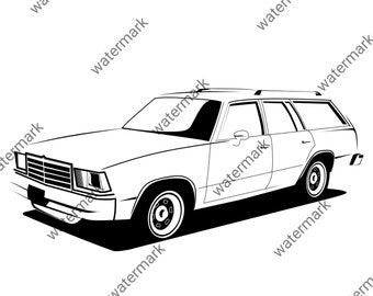 Può includere: Un disegno in bianco e nero di una station wagon d'epoca. L'auto ha un tetto lungo e un lunotto posteriore grande.
