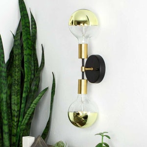 Gold Two Light Wall Lamp - Vanity Light Fixture -  Brass and Black or Custom Finish - Modern Wall Sconce Lighting Design