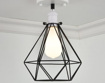 Diamond Cage Flush Mount Modern Ceiling Lighting - Semi Flush Mount light - Minimalist Lamp - Milk White LED Black Diamond