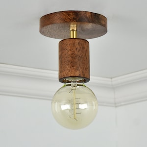 Wood Flush Mount Lamp - Walnut and Brass Lighting - Ceiling Mount light - Unique Rustic Industrial Ceiling Fixture - Short ceiling light