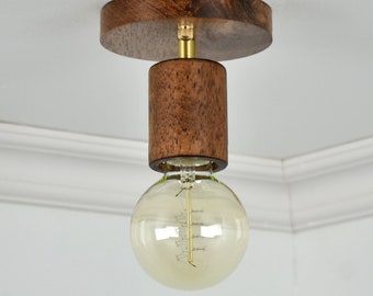 Wood Flush Mount Lamp - Walnut and Brass Lighting - Ceiling Mount light - Unique Rustic Industrial Ceiling Fixture - Short ceiling light