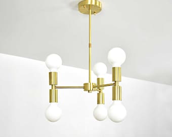 Double T 6 Light Spoke - Modern Ceiling Fixture - Brass