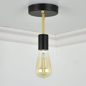 Semi Flush Mount Ceiling Light - 6&quot; Long Stem - Black and Brass Custom Industrial Ceiling Fixture - Semi Flush Stem Lighting