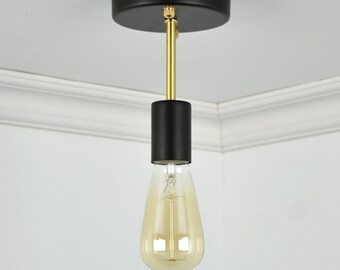 Semi Flush Mount Ceiling Light - 6" Long Stem - Black and Brass Custom Industrial Ceiling Fixture - Semi Flush Stem Lighting