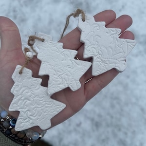 Può includere: Tre ornamenti bianchi a forma di albero con un motivo floreale strutturato sono tenuti in una mano. Ogni ornamento ha un anello di spago per essere appeso. Lo sfondo è una scena esterna innevata.