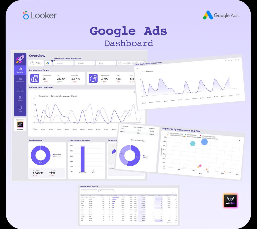 Google Ads Performance Dashboard 6 Page, Looker Studio Template, Google ...