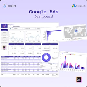 May include: A digital dashboard displaying Google Ads data, featuring charts, graphs, and tables. The interface includes data visualizations for conversions, traffic, and costs, with the "Google Ads Dashboard" title prominently displayed.