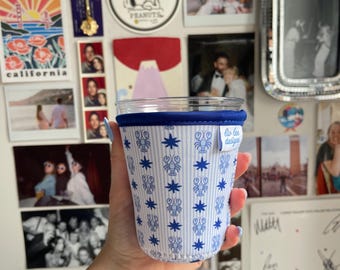 Lobster Blue Stripe Iced Drink Sleeve | Reusable Coastal Coffee Cozy