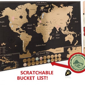Scratch Off World Map Poster, Travel Journal as Travel Decor / Carte du Monde à gratter / USA Canada detail / Teacher or Graduation Gift