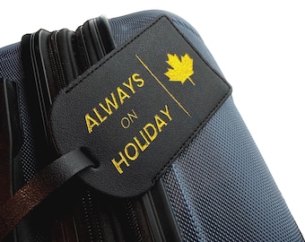 Always on Holiday Luggage Tags (Pack of 3) - Gold on Black with Canada Maple Leaf, PU Leather Privacy flap for ID card, Travel Bag Suitcase