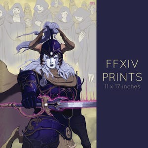 Puede incluir: Una ilustración digital de una guerrera femenina con una armadura azul oscuro y dorada, sosteniendo una espada con un brillo rosa. Tiene el pelo largo y blanco y un casco con cuernos. El fondo es de color amarillo pálido con figuras en túnicas blancas.