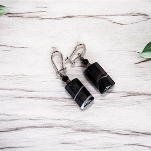Black Glass Dangle Earrings With 925 Sterling Silver Hooks  | Unique Gift