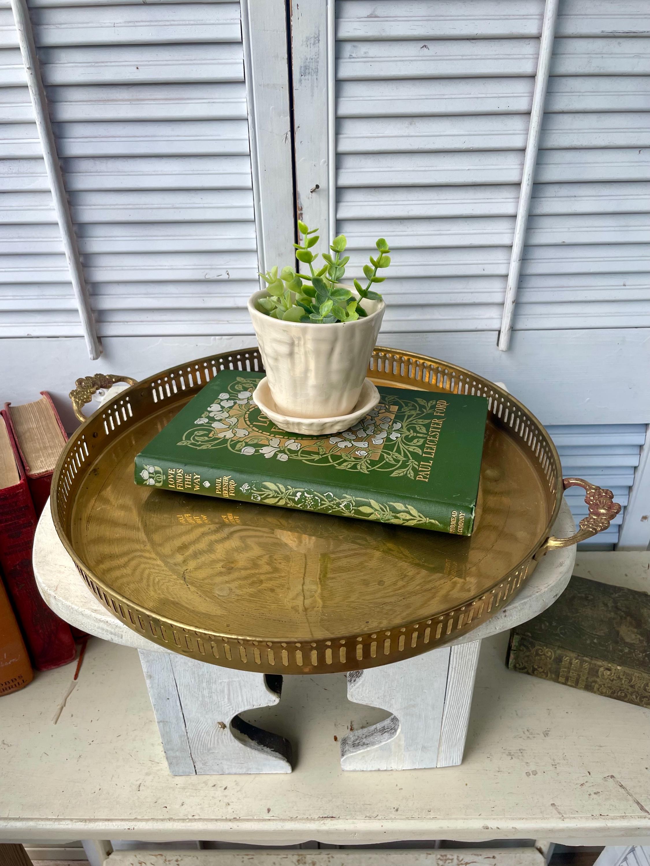 Brass Tray With Handles, Vintage Round Tray, Brass Serving Tray, floral handles, centerpiece, solid brass, handmade in India, 13” tray