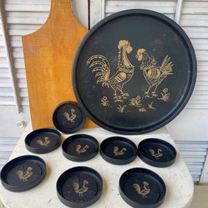 Vintage 1950s Round Tin Serving Tray Black with Gold Rooster and Hen Design, 8 matching coasters, MCM decor