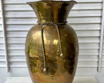 Vintage hammered brass vase, rope tassel design, centerpiece, scalloped edges, ruffled rim