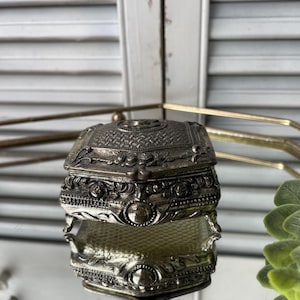 Vintage Silver Metal Trinket Box With Red Cloth Lining