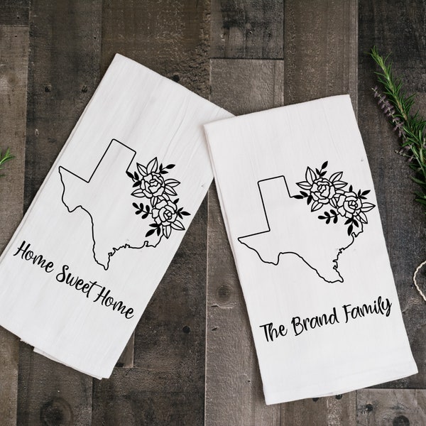 Personalized Texas Towel | Flour Sack Towel | Floral Texas Design | Texas Gift | Gifts for Her | Hostess Gifts | Texas Kitchen