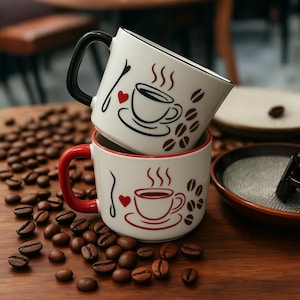 Op de afbeelding: Twee witte keramische koffiemokken op elkaar gestapeld, versierd met koffiekop- en bonenontwerpen. Eén mok heeft een zwart handvat, de andere een rood handvat. Koffiebonen zijn verspreid rond de mokken op een houten oppervlak.