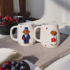 Handmade Embossed Teddy Couple Mugs: 400ml Ceramic Coffee Cups