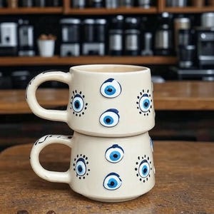 Handmade Evil Eye Mug Set: Protective Ceramic Coffee Cups