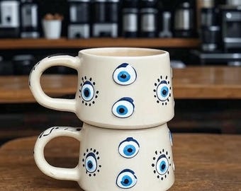 Handmade Evil Eye Mug Set: Protective Ceramic Coffee Cups